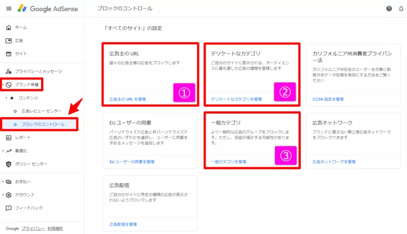 Googleアドセンス　ブロックのコントロール　ブランド保護